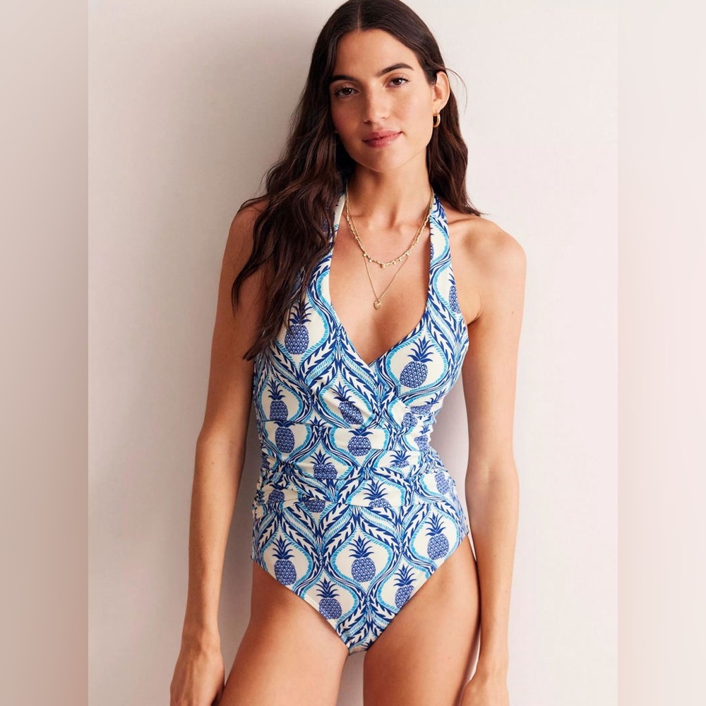 Boden Levanzo Halterneck Swimsuit 8 blue white pineapple NWOT